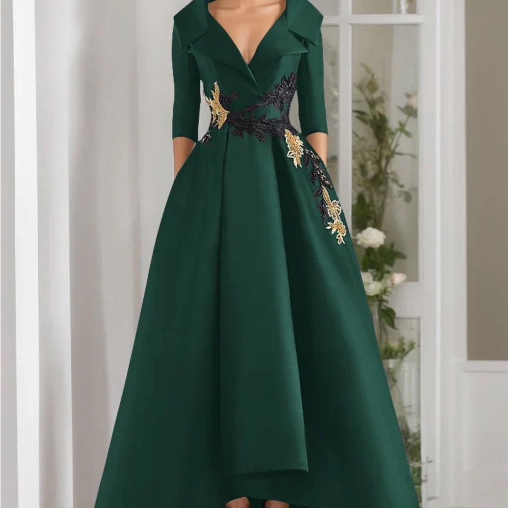 Chic Forest Green High-Low Dress with Floral Accents
